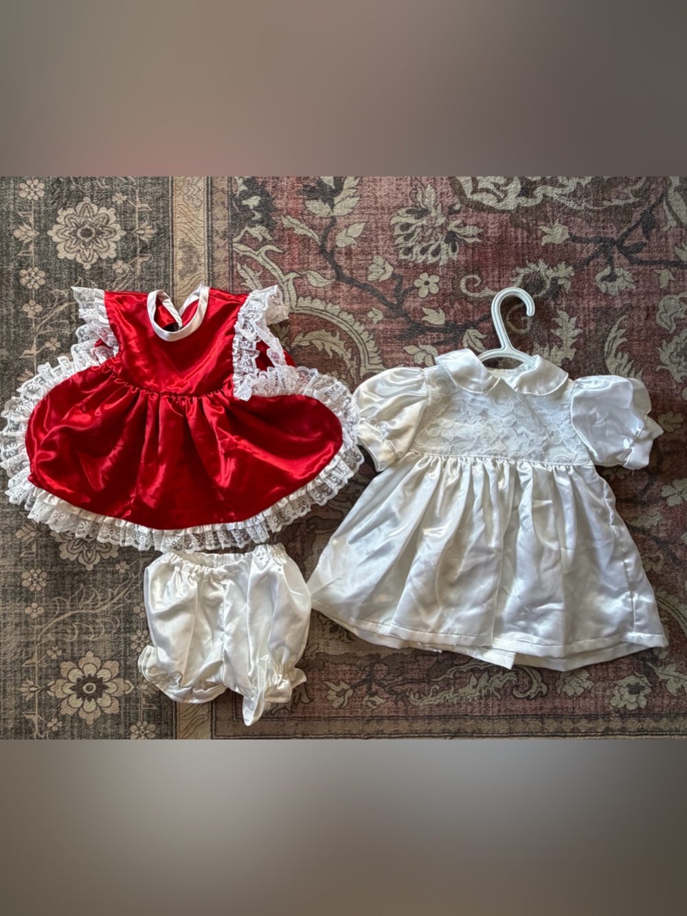 Vintage White and Red Satin Baby Dress with Lace Trim